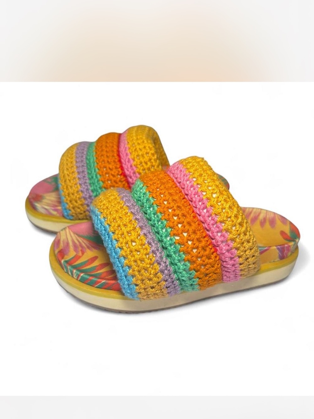 FARM Rio Yellow Multicolor Crochet Slide Sandals - Picture 2 of 5